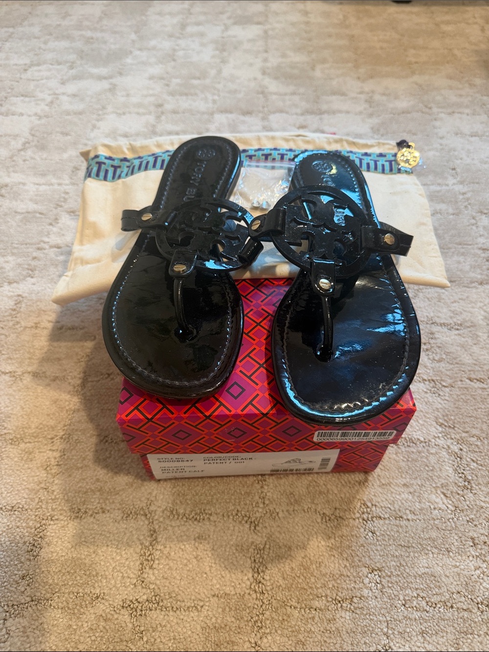 Tory Burch Black Patent Miller Logo Thong Sandals